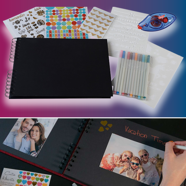 Kit livre d'or (32x22cm 70 pages noires, autocollants, rouleau adhésif et feutres métallisés)